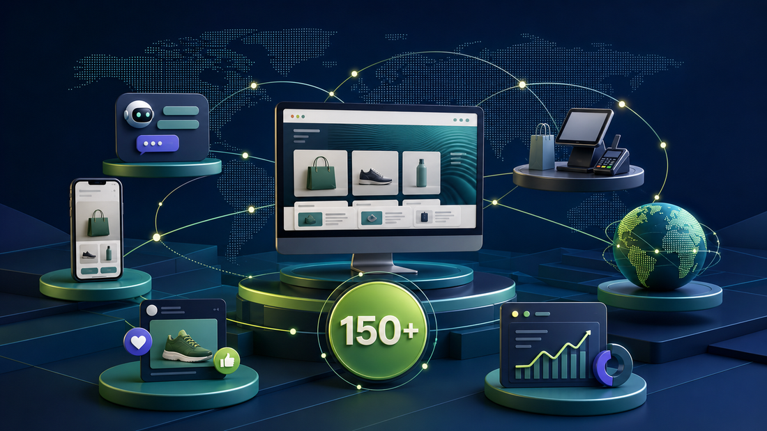Shopify storefront connected across AI, mobile, retail, analytics, and global channels